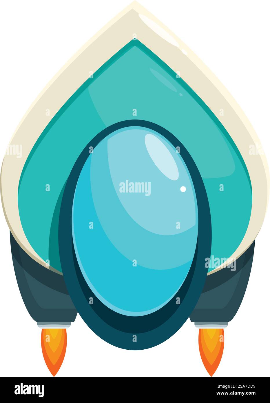 Cartoon Spaceship vole à travers l'espace avec le souffle de feu de ses moteurs arrière. Vaisseau spatial de dessin animé volant avec le souffle de feu des moteurs arrière Illustration de Vecteur