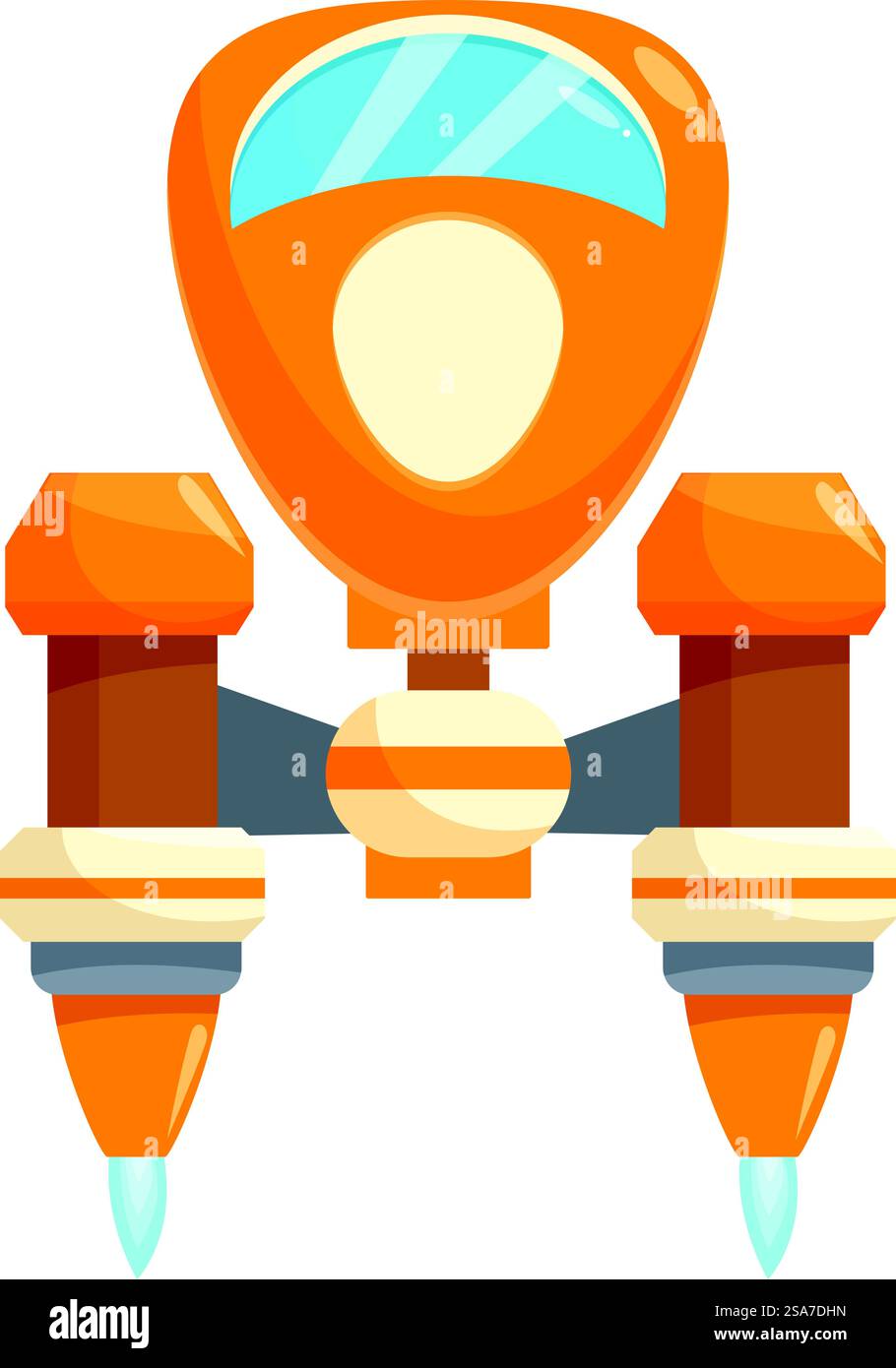 Vaisseau spatial de dessin animé orange volant dans l'espace avec des moteurs bleus allumés. Vaisseau spatial cartoon volant dans l'espace avec des moteurs bleus allumés Illustration de Vecteur