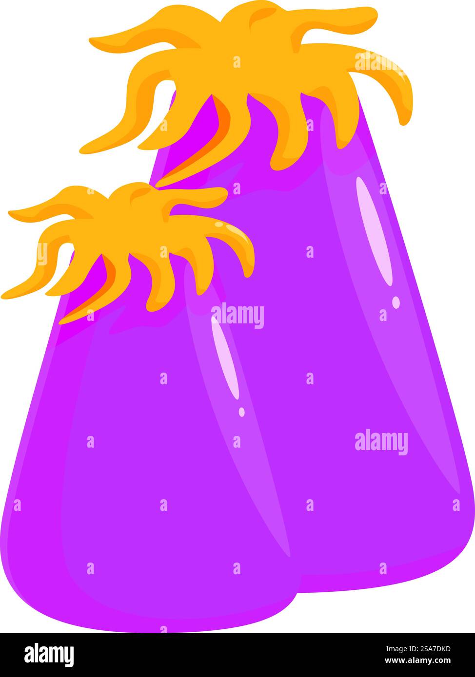 Deux volcans roses sont en éruption avec de la lave orange, isolés sur fond blanc. Deux volcans roses en éruption avec de la lave orange dans le style de dessin animé Illustration de Vecteur