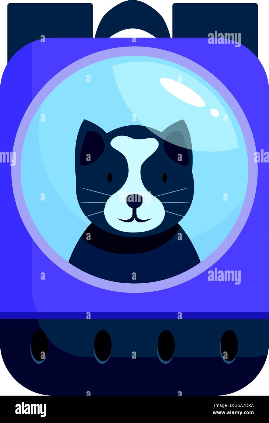 Sac à dos de l'espace de dessin animé transportant un chat noir et blanc à l'intérieur. Chat noir et blanc assis dans un sac à dos espace violet Illustration de Vecteur