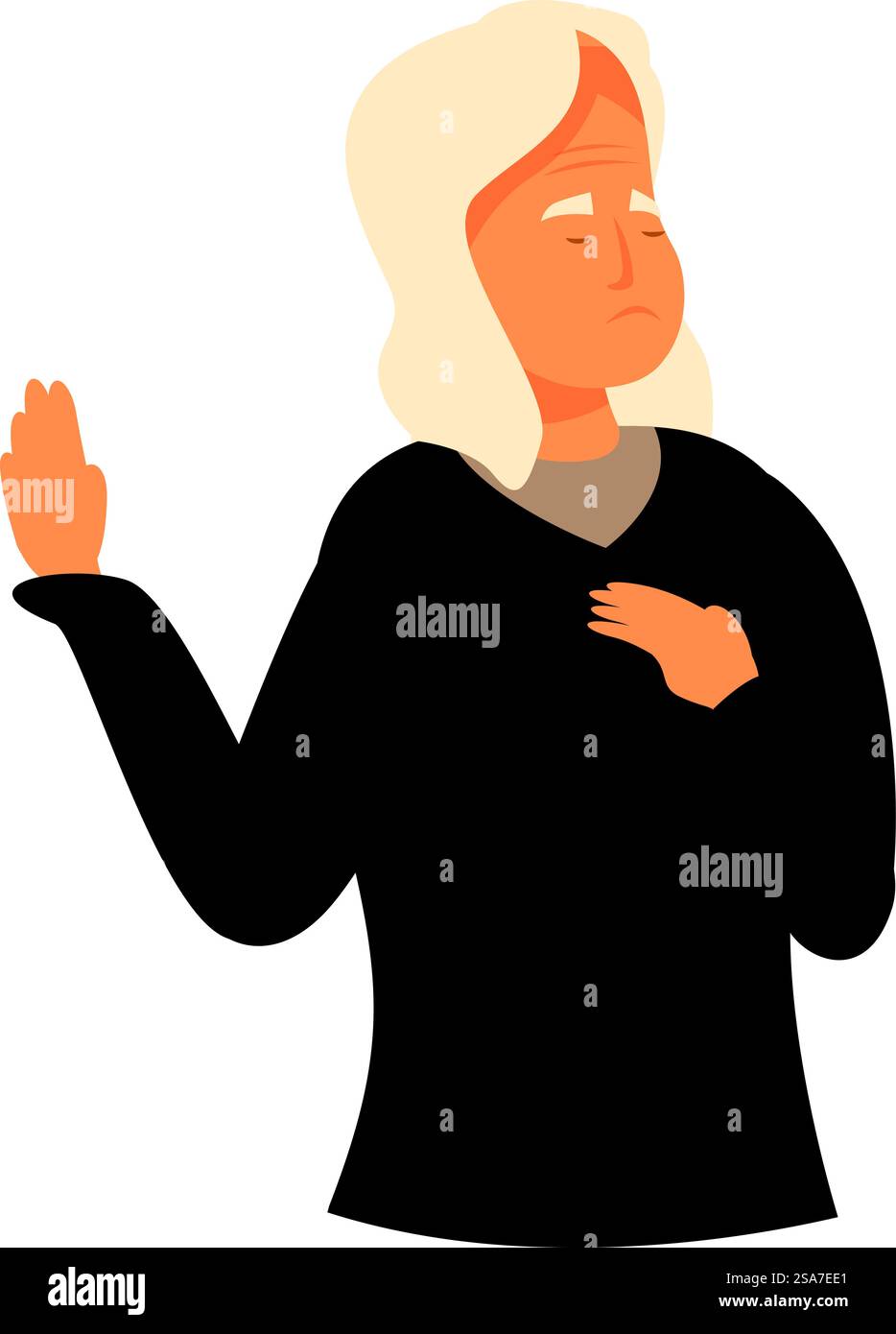 Une femme âgée serre sa poitrine dans l'inconfort, signalant un problème de santé potentiel. Femme âgée éprouvant des douleurs thoraciques en levant sa main Illustration de Vecteur