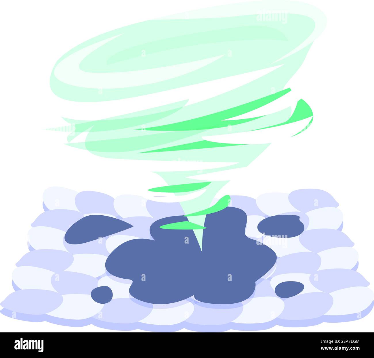 Tornade de dessin animé vert touchant le sol, illustration sur le thème des catastrophes naturelles et des cataclysmes. Tornade de dessin animé vert touchant l'illustration du sol Illustration de Vecteur