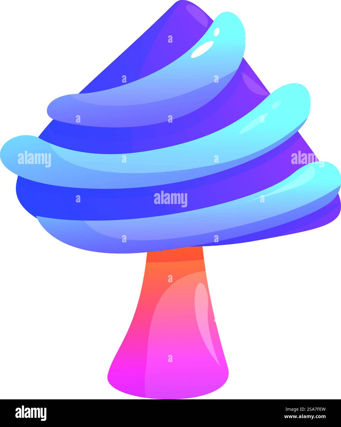 Champignon de dessin animé vibrant et fantaisiste avec un capuchon bleu et violet tourbillonnant, évoquant un sentiment de magie et d'émerveillement. Champignon magique de dessin animé avec des tourbillons bleus et violets poussant dans la forêt enchantée Illustration de Vecteur