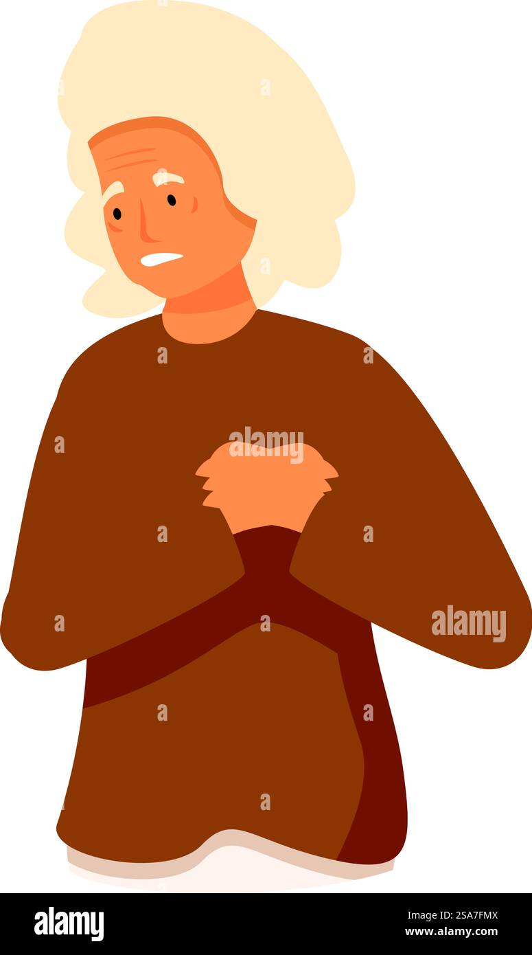 Une femme âgée serre sa poitrine dans la douleur, son visage contorsionné dans l'inconfort. Femme âgée souffrant d'une crise cardiaque tenant la poitrine éprouvant une gêne Illustration de Vecteur