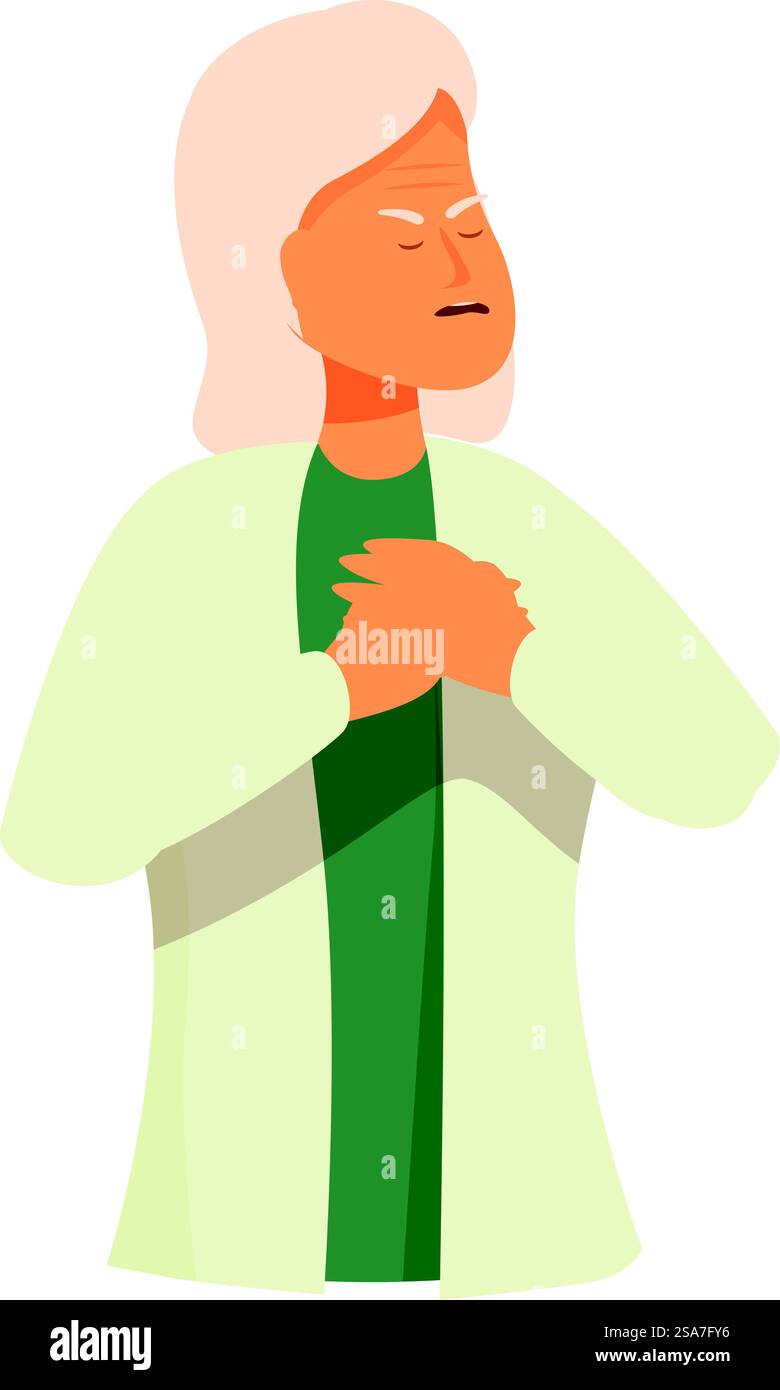 Une femme âgée serre sa poitrine dans la douleur, suggérant une urgence médicale potentielle. Femme âgée tenant sa poitrine éprouvant une gêne Illustration de Vecteur