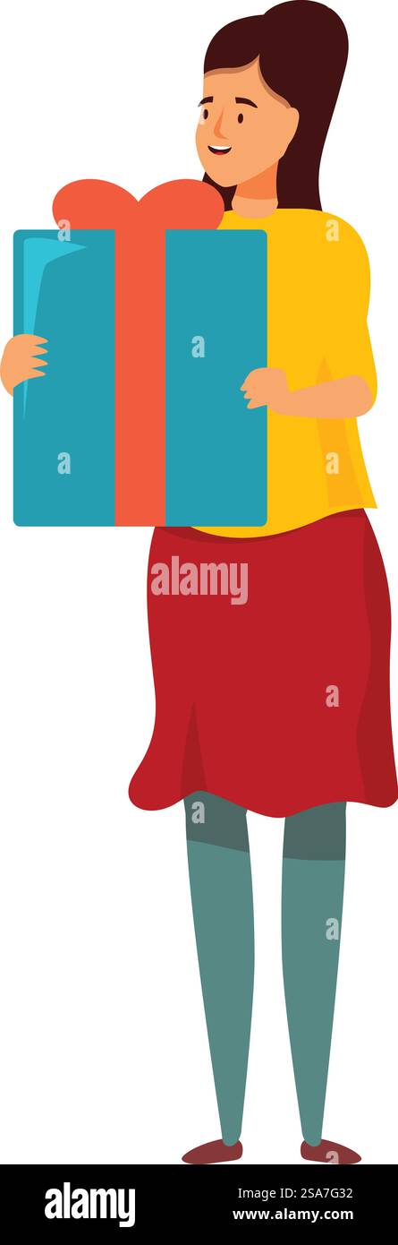Jeune femme tient une grande boîte cadeau, excitée de célébrer une occasion spéciale. Femme heureuse tenant une grande boîte cadeau célébrant une occasion spéciale Illustration de Vecteur