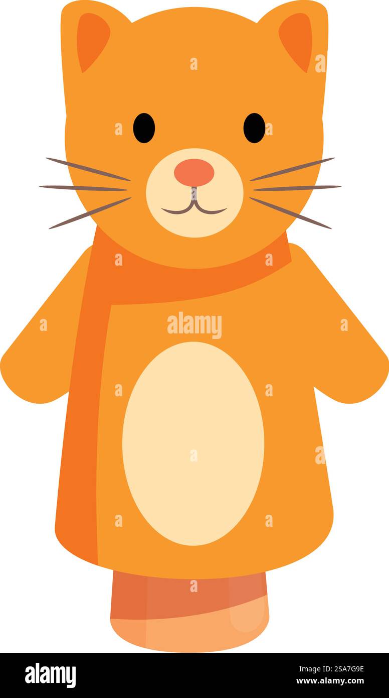 Marionnette drôle de chat au gingembre portant une écharpe orange, divertissant les enfants au théâtre. Marionnette à main de chat au gingembre portant une écharpe orange pour le théâtre des enfants Illustration de Vecteur