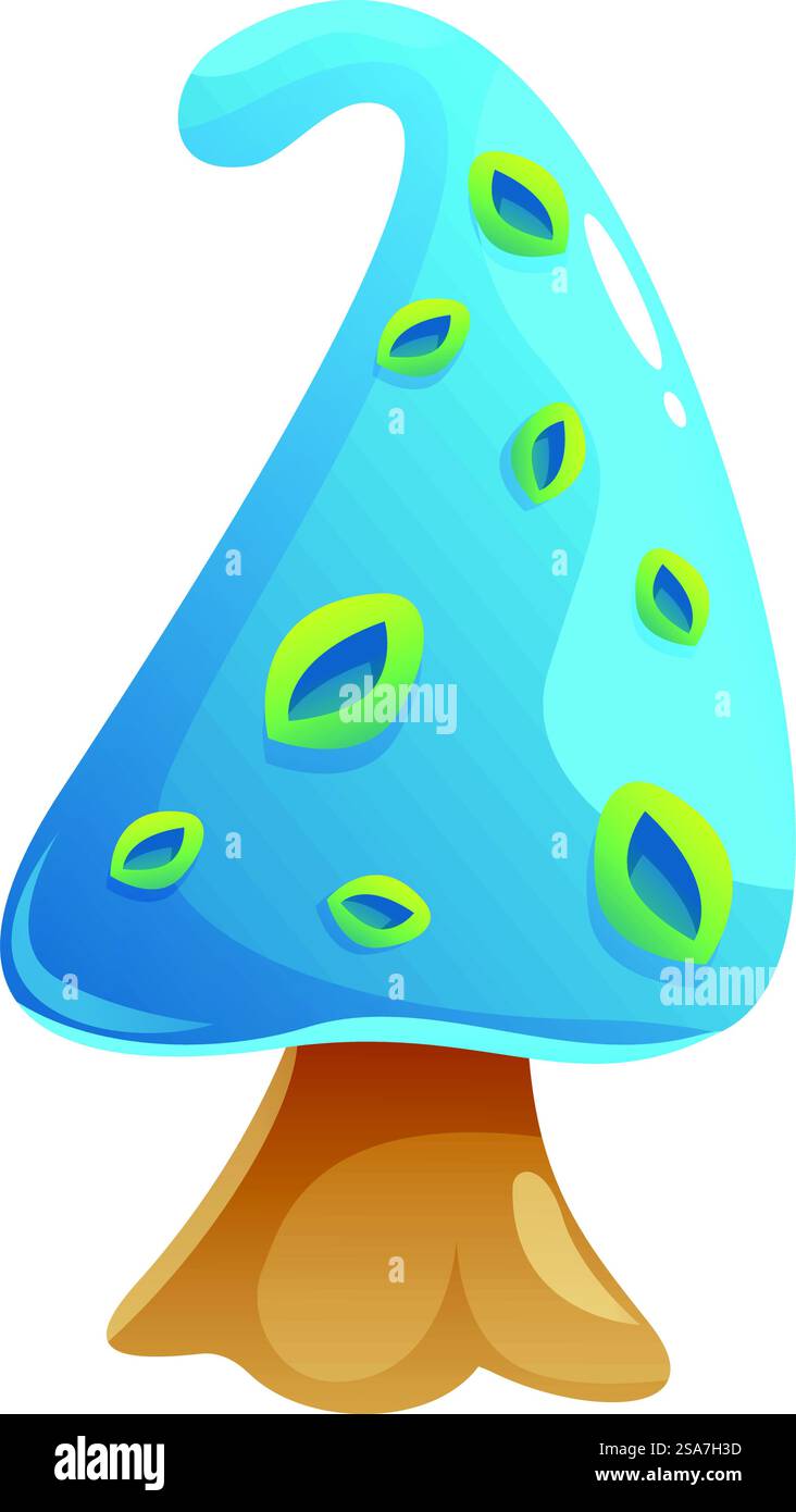Champignon bleu de dessin animé avec des taches vertes poussant dans un cadre boisé enchanté. Champignon bleu fantastique poussant dans la forêt de contes de fées Illustration de Vecteur