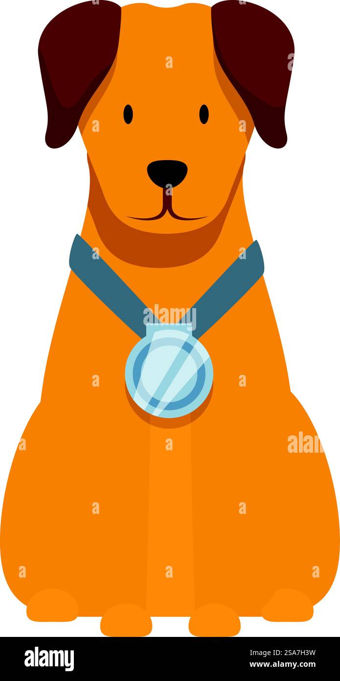 Chien de dessin animé portant une médaille sur un col bleu, fier après avoir remporté une compétition. Fier chien assis avec la médaille après avoir gagné la compétition Illustration de Vecteur