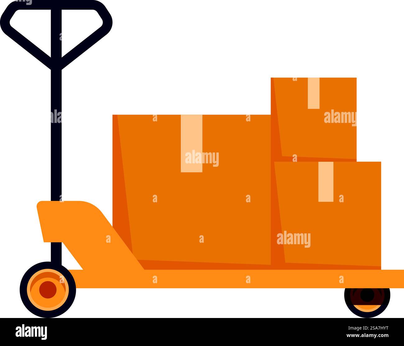 Camion à main transportant des boîtes en carton empilées, livrant ou déplaçant des marchandises dans un entrepôt. Chariot à main d'entrepôt transportant des boîtes en carton empilées Illustration de Vecteur