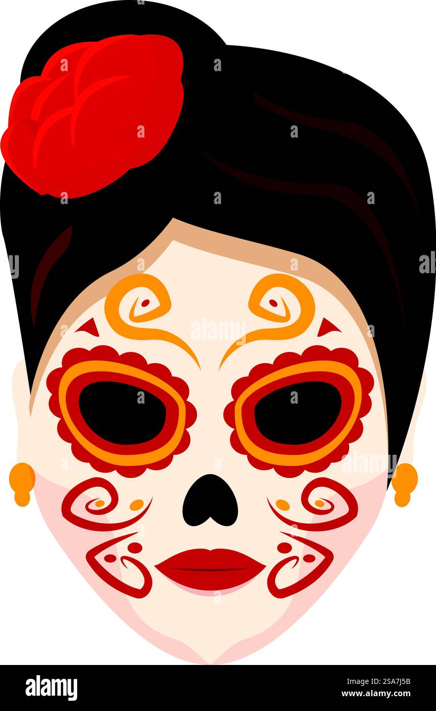 Portrait d'une belle jeune femme portant le maquillage traditionnel crâne de sucre pour dia de los muertos. Jeune femme portant le maquillage pour la célébration du jour de la mort Illustration de Vecteur