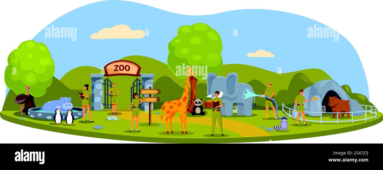 Travailleurs du zoo prenant soin des animaux sauvages vivant dans des enclos en plein air, les gens regardant la faune dans le parc zoologique de la ville. Gardiens de zoo travaillant, nourrissant et prenant soin de différentes espèces d'animaux vivant dans un zoo Illustration de Vecteur