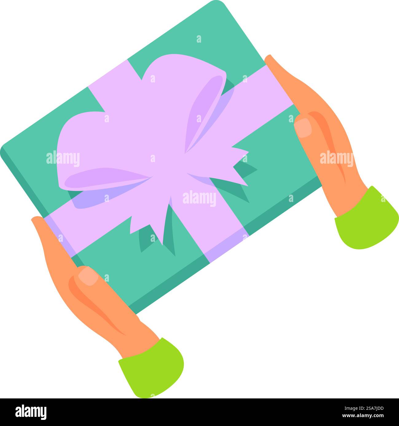 Mains tenant une boîte cadeau enveloppée de papier vert et décorée d'un ruban violet. Personne tenant une boîte cadeau enveloppée avec ruban violet Illustration de Vecteur