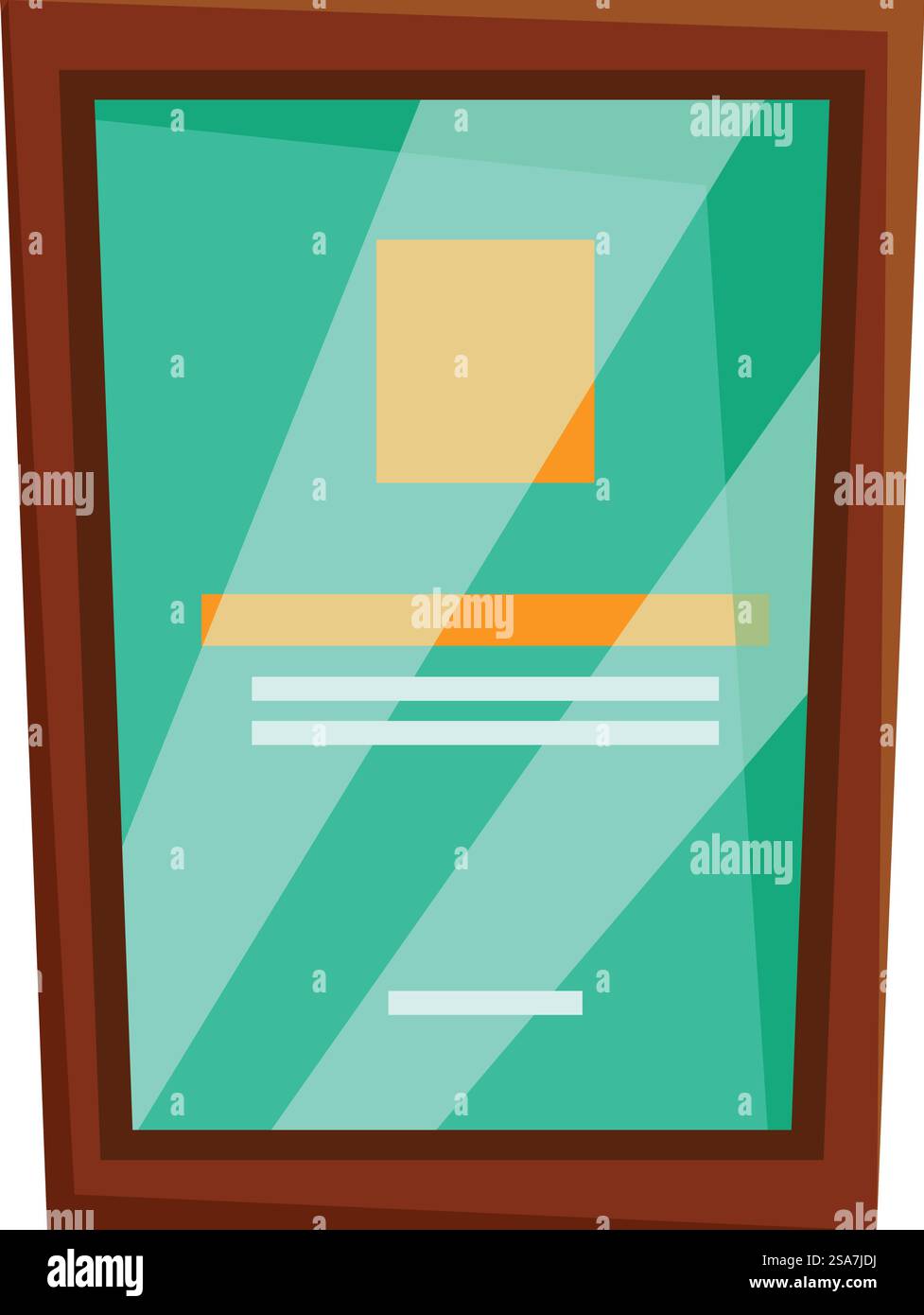 Certificat vierge avec un fond vert et une bande orange est accroché sur un mur. Certificat vierge dans un cadre en bois accroché au mur Illustration de Vecteur