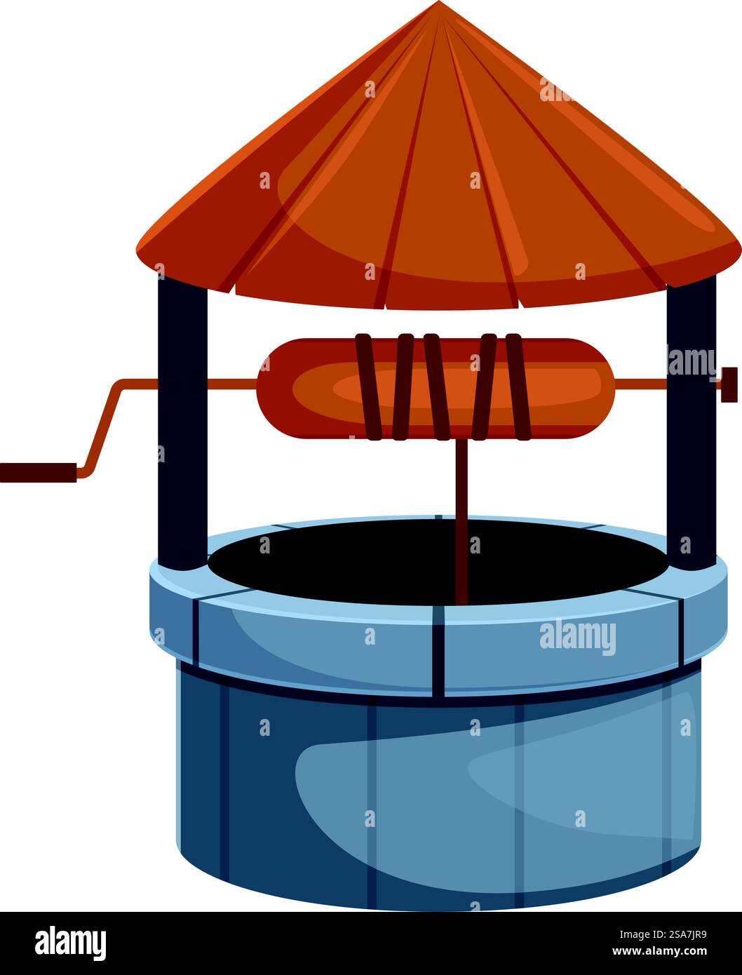 Vieux puits d'eau en pierre avec toit en bois et poignée pour obtenir de l'eau du sol. Dessin de style dessin animé d'un puits avec un toit en bois et une poignée pour dessiner l'eau Illustration de Vecteur