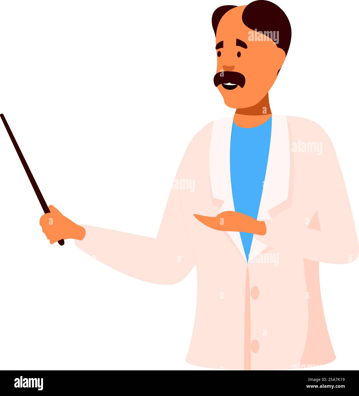 Docteur portant une blouse de laboratoire tient un bâton de pointeur et explique quelque chose. Docteur expliquant quelque chose tenant un bâton de pointeur Illustration de Vecteur