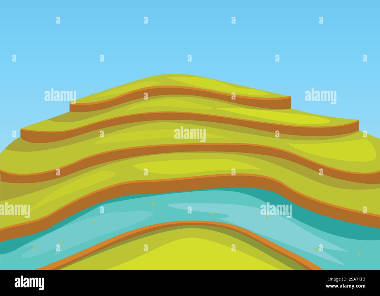 Paysage pittoresque avec une rivière sinueuse serpentant gracieusement son chemin à travers des terrasses de riz verdoyantes. Rivière sinueuse coulant à travers des terrasses verdoyantes de riz Illustration de Vecteur