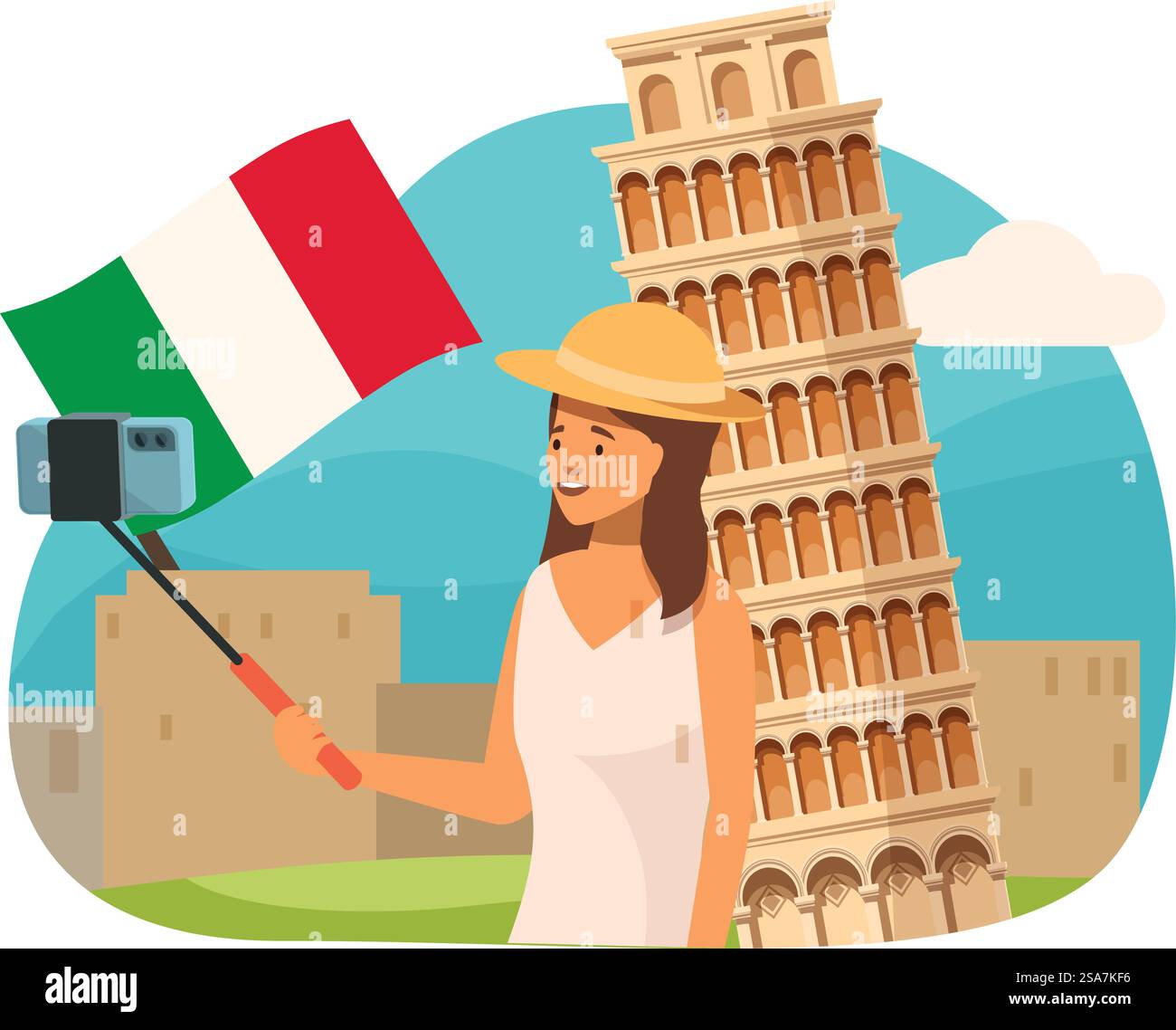 Jeune touriste prenant selfie avec drapeau italien et tour penchée de pise. Une jeune femme prend un selfie à pise, en italie Illustration de Vecteur