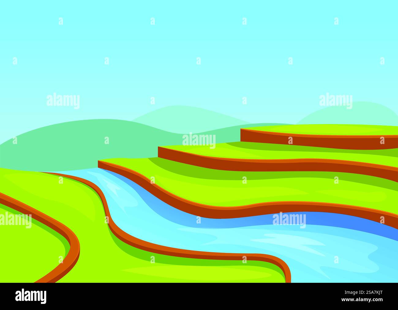 Rivière bleue serpentant à travers les rizières vertes par une journée ensoleillée. Rivière bleue serpentant à travers l'illustration des rizières vertes Illustration de Vecteur