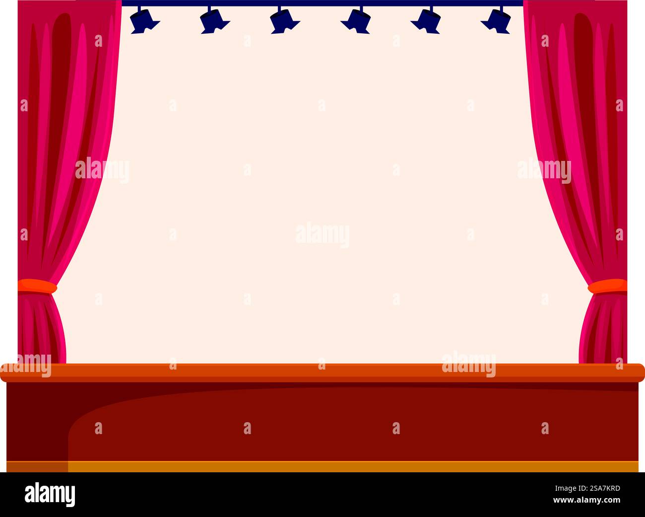 La scène de théâtre vide avec des rideaux rouges et des projecteurs attend le début du spectacle. Scène théâtrale vide avec scène en bois, rideaux rouges et projecteurs Illustration de Vecteur