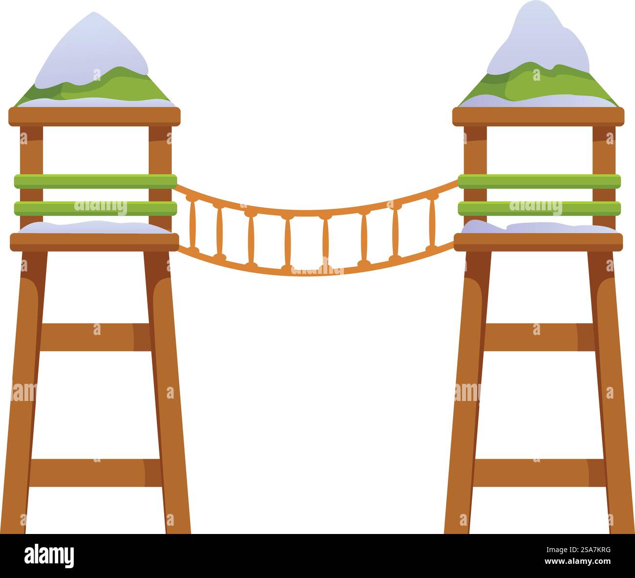 Pont de corde reliant deux tours en bois recouvertes de neige, élément de parc d'aventure pour les enfants jouant dans la neige. Pont de corde reliant deux tours en bois recouvertes de neige Illustration de Vecteur