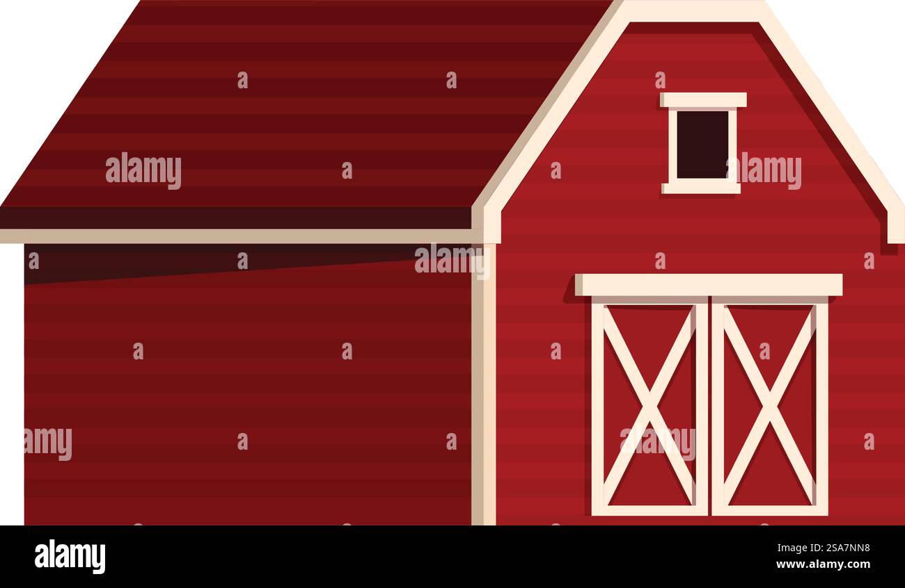 Bâtiment de grange en bois rouge avec portes doubles fermées et petite fenêtre, construction de campagne traditionnelle à des fins agricoles. Bâtiment de grange en bois rouge classique debout sur fond blanc Illustration de Vecteur