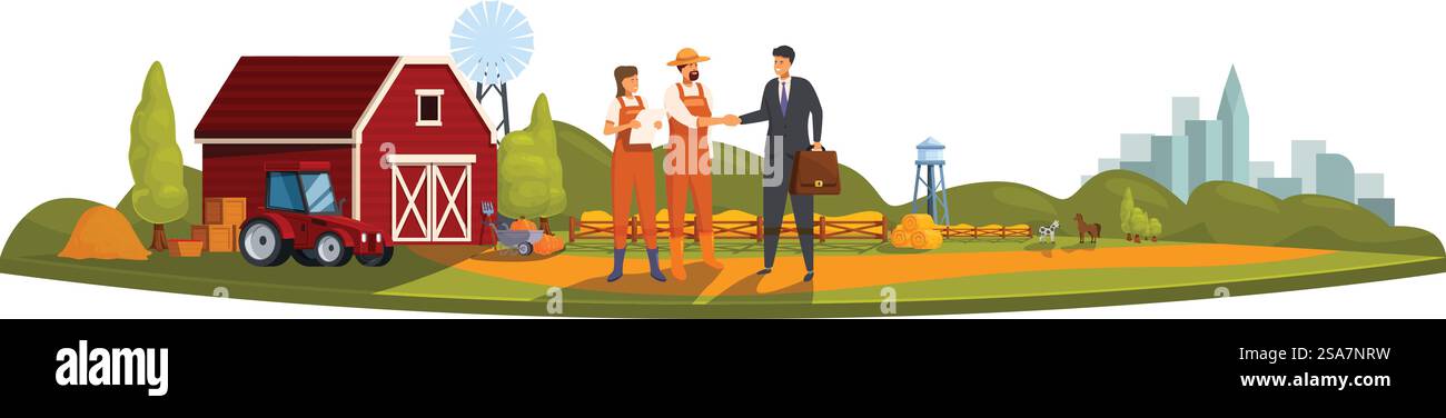 Homme d'affaires et agriculteurs serrant la main sur la ferme avec la ville en arrière-plan. Homme d'affaires en costume serrant la main avec des agriculteurs devant une grange Illustration de Vecteur