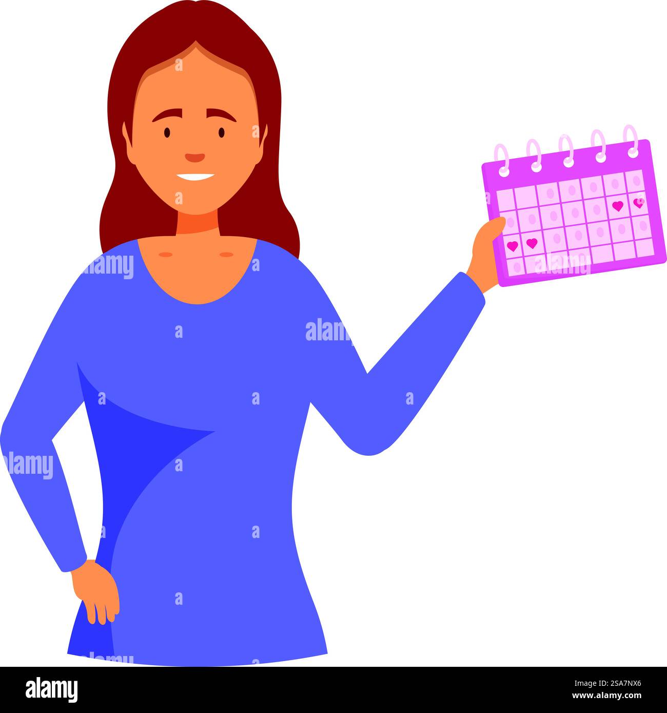 La jeune femme tient un calendrier menstruel, suit son cycle et son ovulation. Femme souriante tenant le calendrier menstruel, planifiant la grossesse et la fertilité Illustration de Vecteur