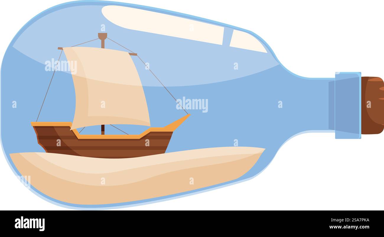Bateau miniature en bois avec des voiles blanches navigue sur le sable à l'intérieur d'une bouteille en verre, évoquant un sentiment d'aventure et d'émerveillement. Bateau miniature en bois naviguant sur le sable à l'intérieur d'une bouteille en verre Illustration de Vecteur