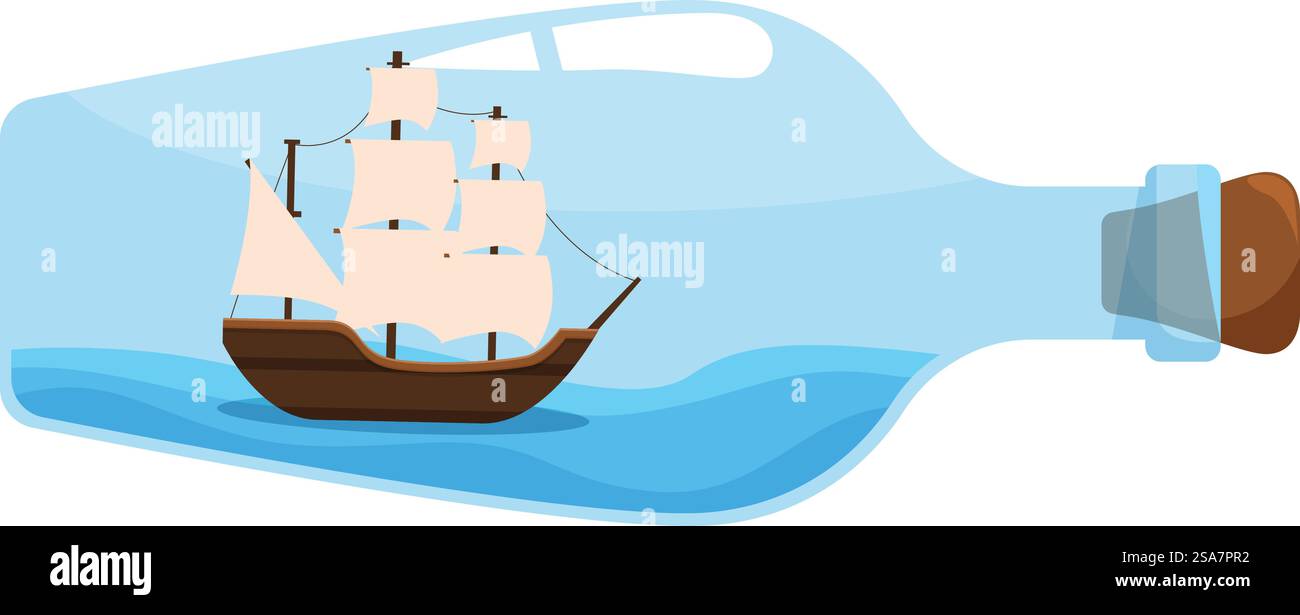 Voilier flotte sur les vagues d'eau à l'intérieur d'une bouteille en verre avec un bouchon. Voilier flottant dans une bouteille en verre avec du liège sur les vagues de l'eau Illustration de Vecteur