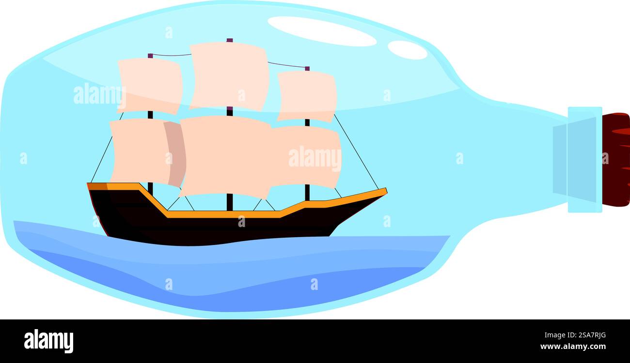 Voilier vintage avec des voiles blanches navigue sur des vagues d'eau bleue à l'intérieur d'une bouteille en verre. Voilier vintage naviguant à l'intérieur d'une bouteille en verre sur les vagues d'eau bleue Illustration de Vecteur