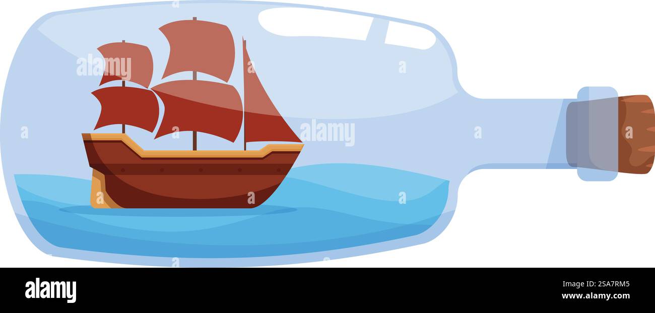 Navire miniature avec des voiles rouges navigue sur l'eau bleue à l'intérieur d'une bouteille en verre. Navire miniature naviguant dans une bouteille en verre sur l'eau bleue Illustration de Vecteur