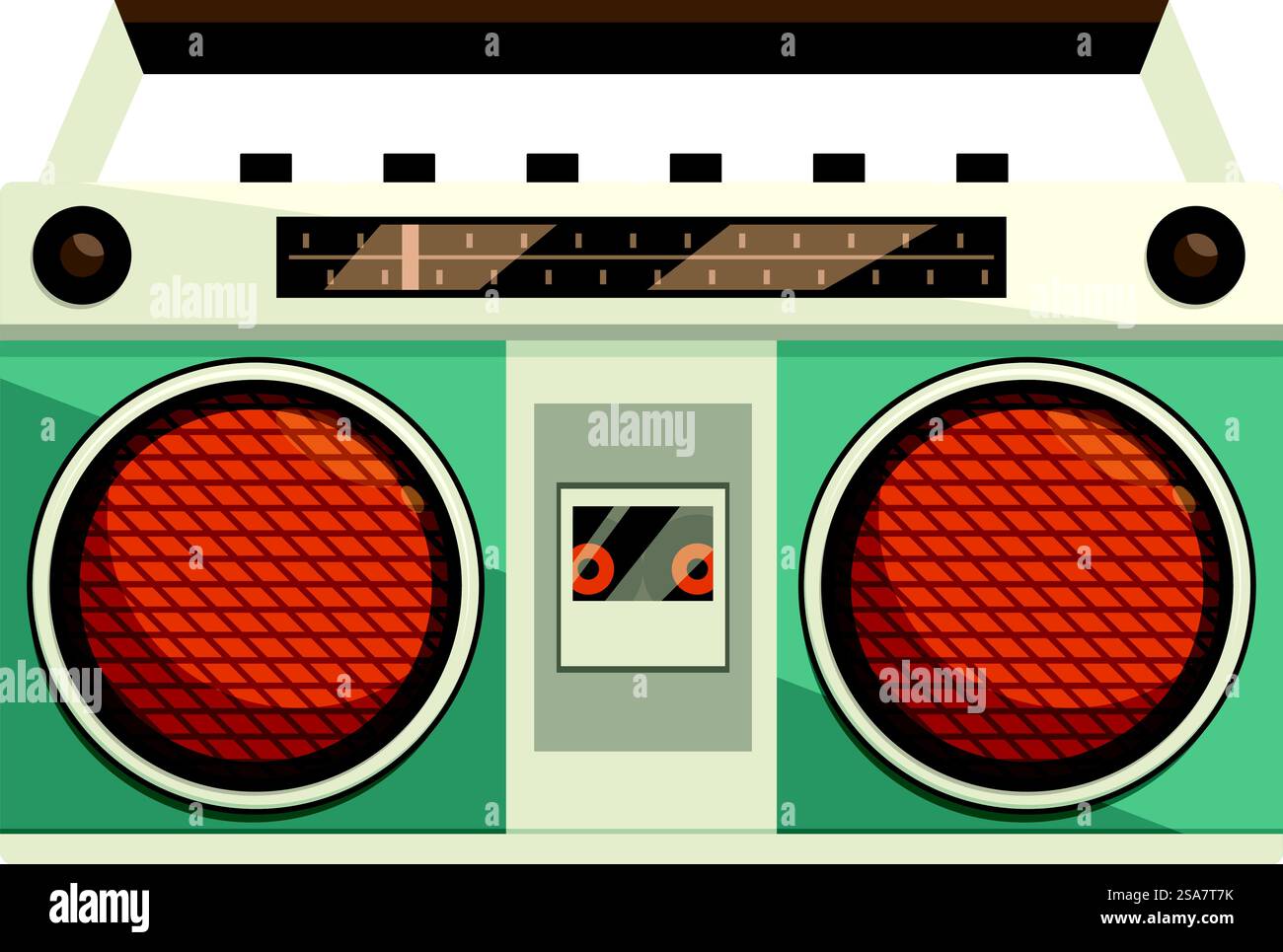 La boombox vintage avec haut-parleurs orange joue de la musique. Boombox vintage jouant de la musique avec des haut-parleurs orange Illustration de Vecteur