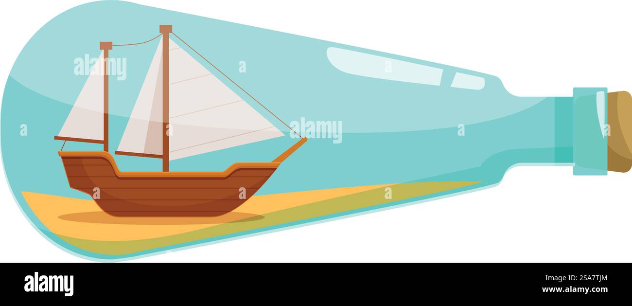 Voilier en bois avec des voiles blanches navigue sur l'eau bleue à l'intérieur d'une bouteille en verre transparent avec un liège. Voilier en bois naviguant sur l'eau bleue à l'intérieur d'une bouteille en verre Illustration de Vecteur