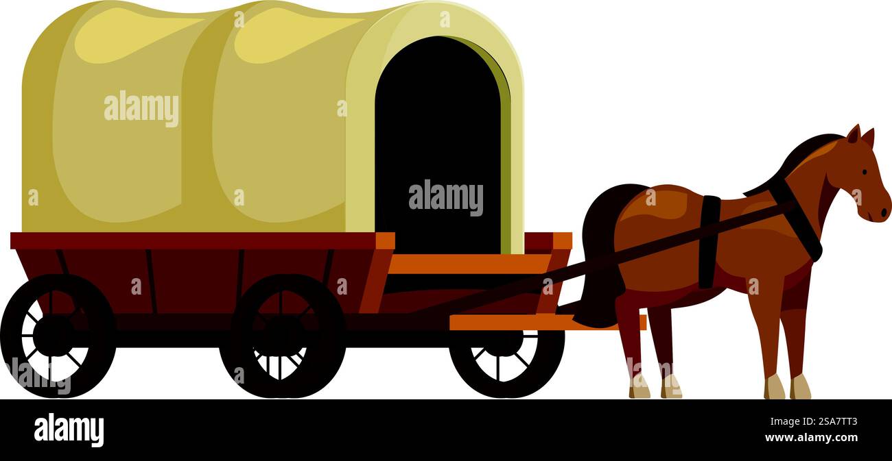 Cheval brun tirant un wagon couvert sur fond blanc. Cheval brun tirant un wagon couvert Illustration de Vecteur