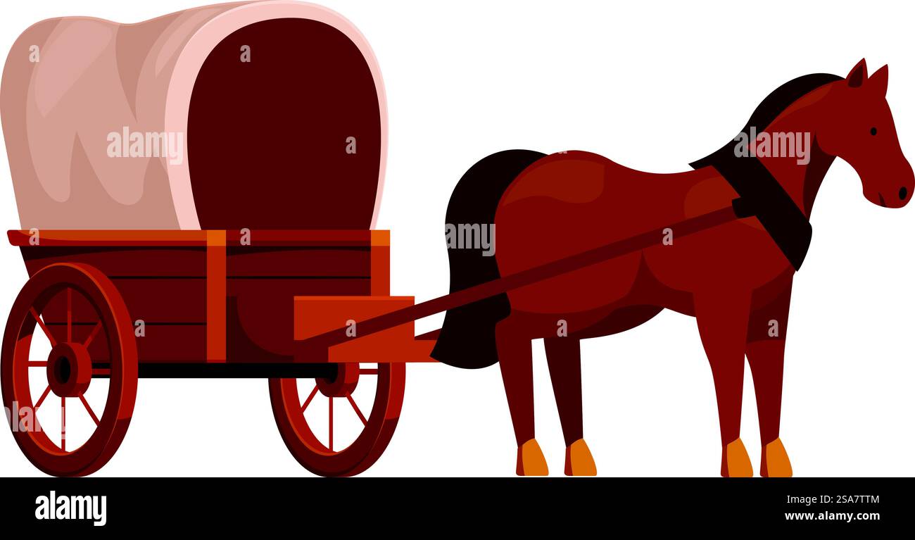 Le cheval brun est attelé à un wagon en bois avec une couverture en toile beige. Cheval brun debout encore attelé à un wagon couvert Illustration de Vecteur