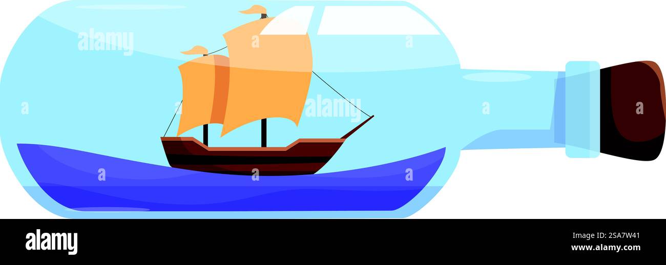 Bouteille en verre couchée sur le côté avec un bouchon dans le haut, contenant un modèle d'un bateau à trois mâts naviguant sur l'eau bleue. Bouteille en verre contenant un bateau modèle naviguant sur l'eau bleue Illustration de Vecteur