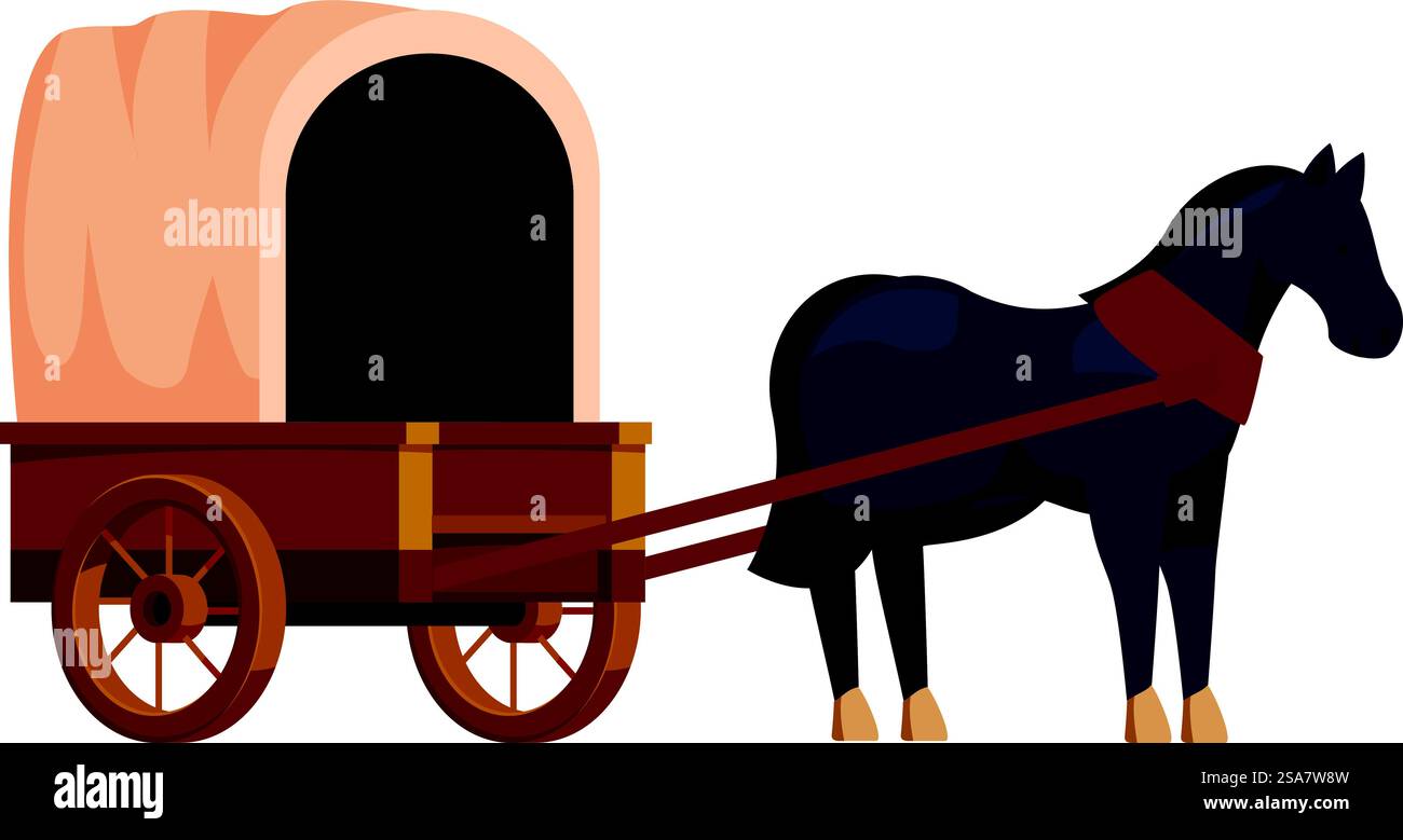 Cheval noir debout immobile attelé à un wagon couvert en bois. Cheval noir debout encore attelé à un wagon couvert Illustration de Vecteur