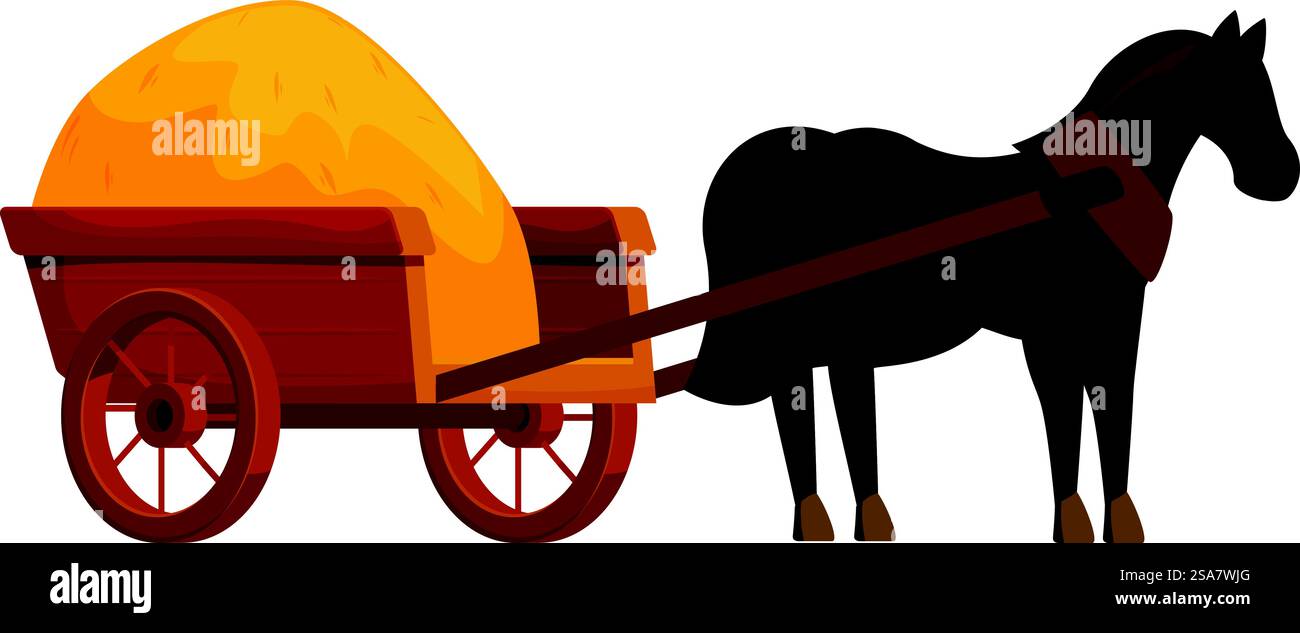 Brown Horse tire un chariot en bois chargé d'une grosse balle de foin. Cheval brun tirant chariot en bois avec balle de foin, travail d'animal de ferme Illustration de Vecteur