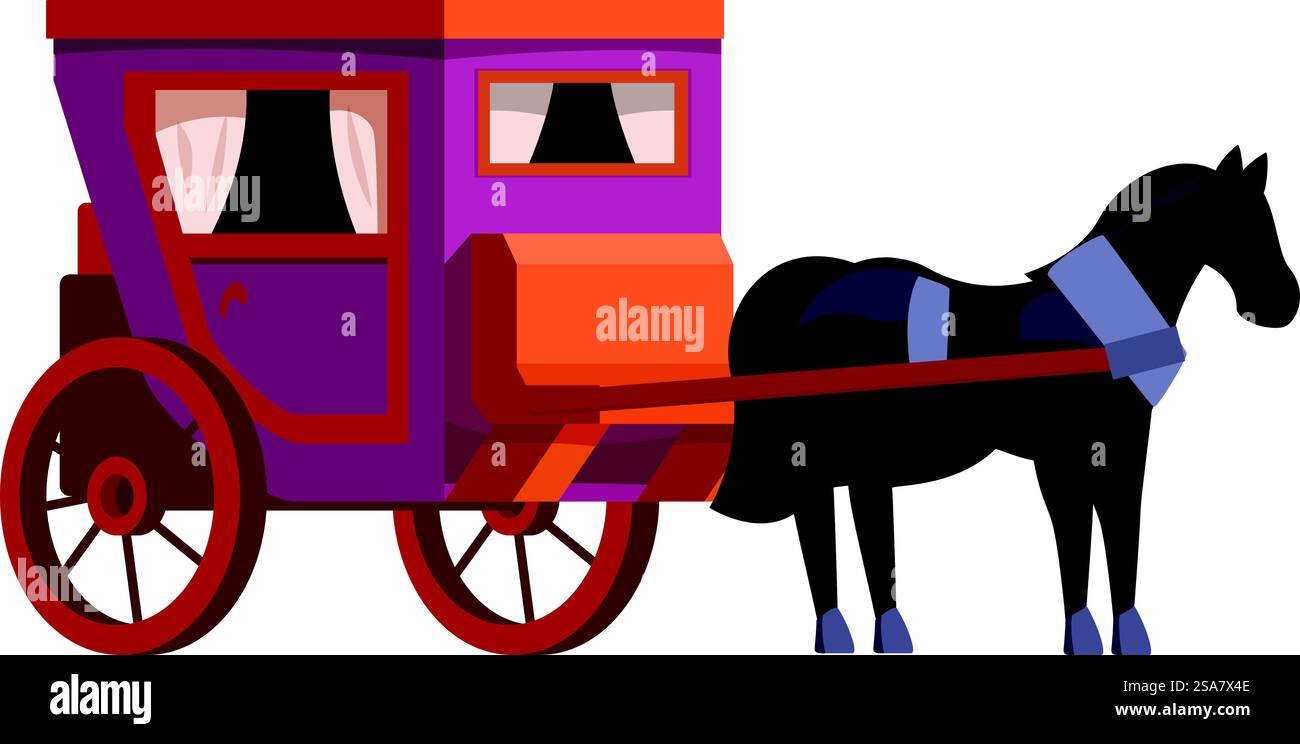 Cheval noir tirant un entraîneur d'étape violet et orange avec des rideaux fermés. Cheval noir tirant entraîneur d'étape violet et orange Illustration de Vecteur