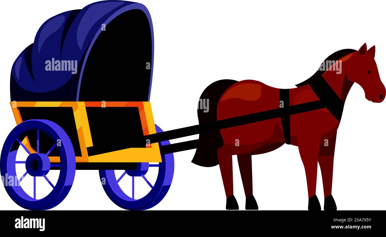 Cheval brun debout attelé à un wagon couvert avec dessus en toile violette. Cheval brun tirant un wagon couvert sur fond blanc Illustration de Vecteur