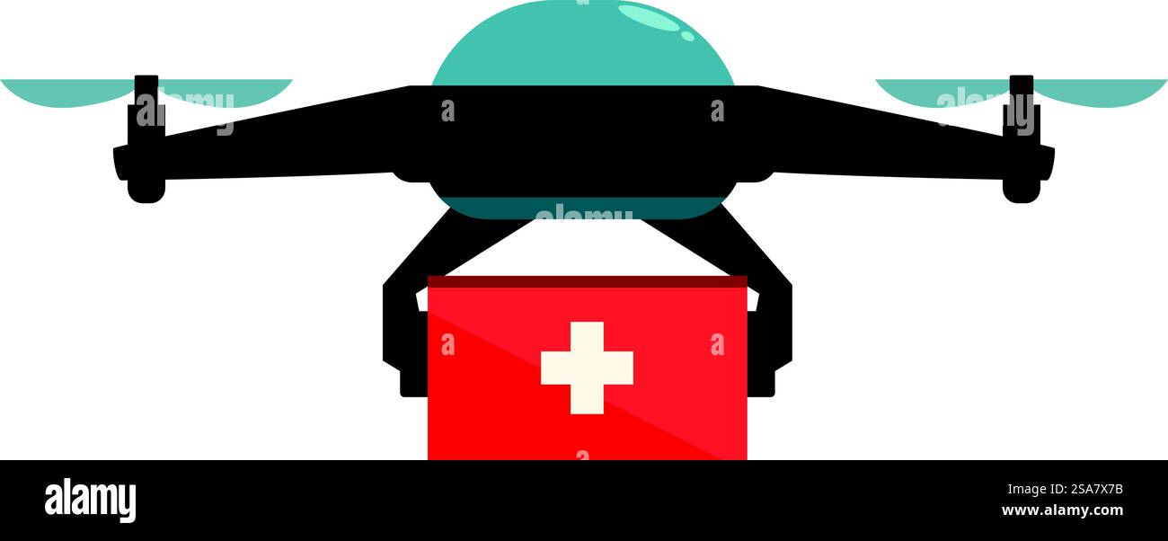 Drone portant une trousse de premiers soins, représentant l'utilisation de la technologie pour fournir une assistance médicale rapide. Drone livrant une trousse de premiers soins, drone médical volant, livraison de soins de santé d'urgence Illustration de Vecteur