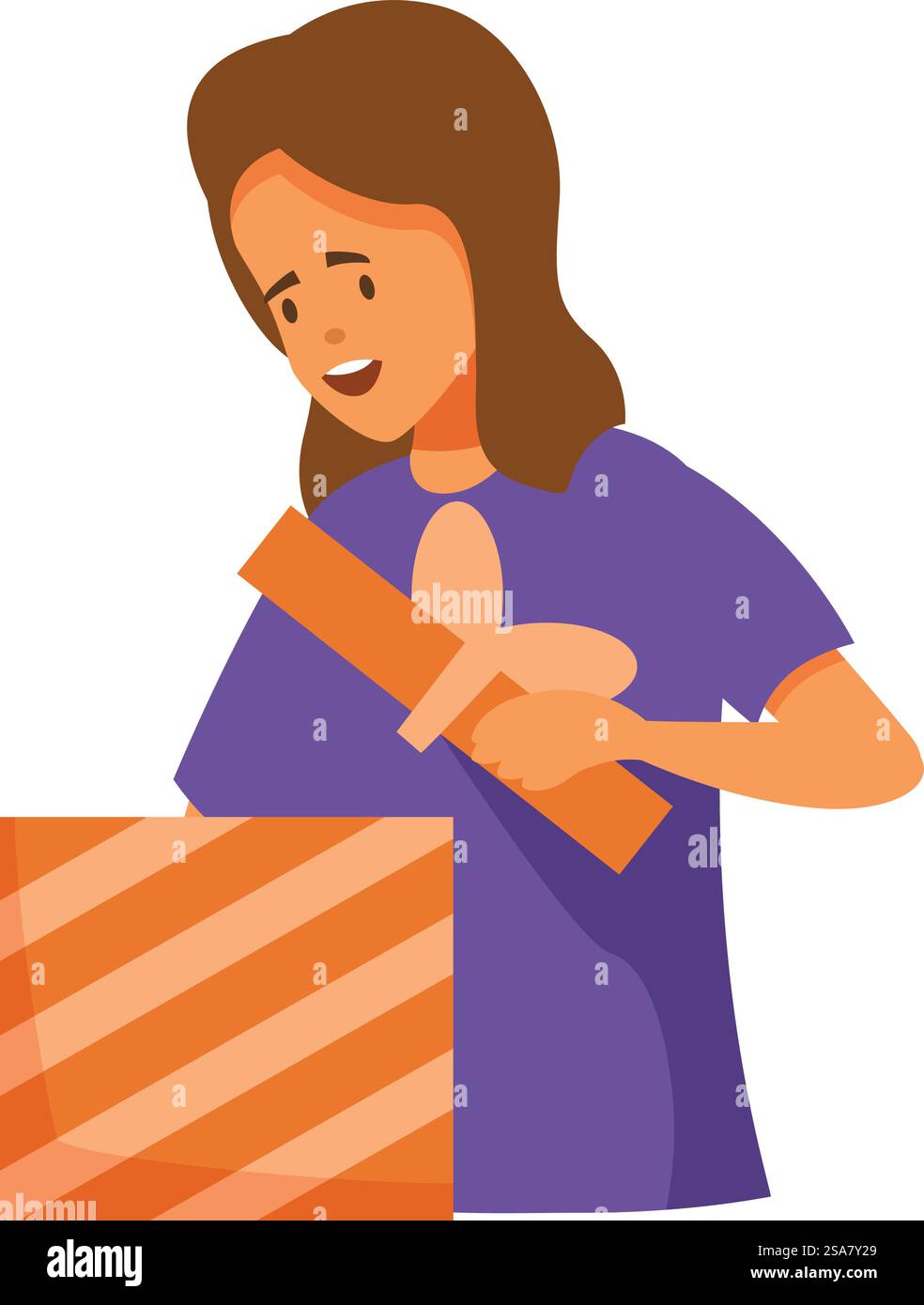 La jeune femme prépare un colis pour l'expédition, en utilisant un distributeur de ruban adhésif pour sceller une boîte en carton. Jeune femme emballant le colis en utilisant le distributeur de ruban adhésif et la boîte en carton Illustration de Vecteur