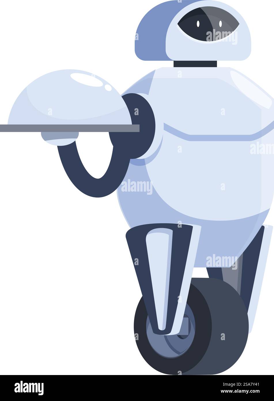 Robot serveur moderne tient un plateau couvert, symbolisant l'avenir de l'industrie des services alimentaires. Robot serveur moderne tenant un plateau couvert sur une roue Illustration de Vecteur