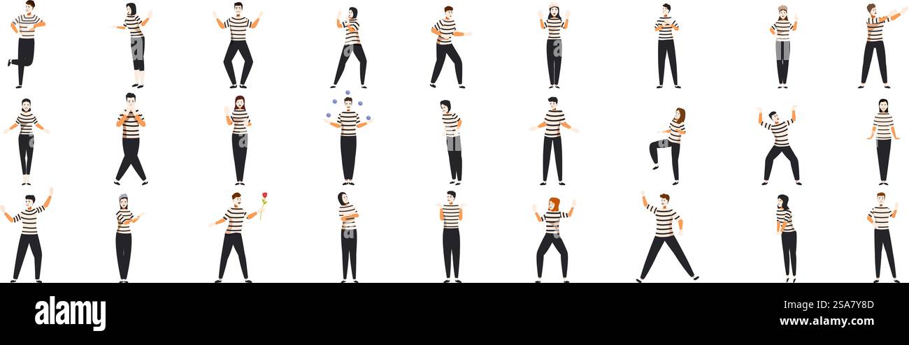 Jeu d'icônes de pantomime exécutant MIME. Collection de mimes masculins et féminins effectuant différentes actions portant des vêtements à rayures noires et blanches typiques. Jeu d'icônes de pantomime exécutant MIME. Ensemble de mimes effectuant différentes actions portant des vêtements à rayures noires et blanches typiques Illustration de Vecteur