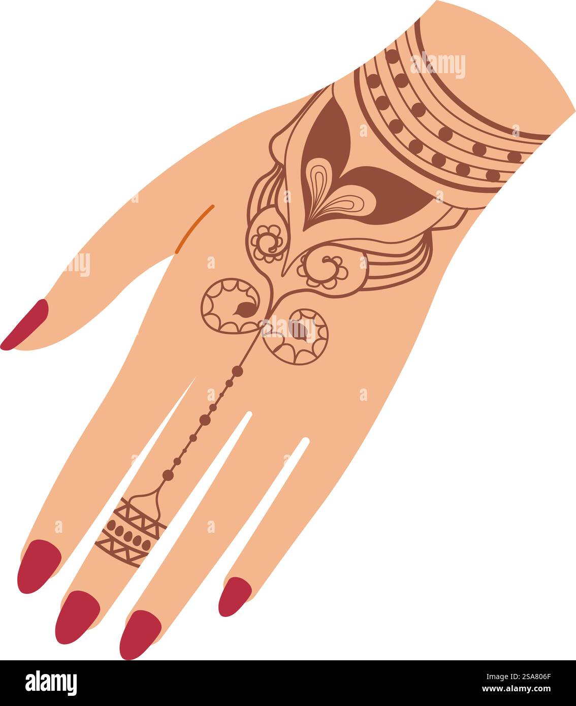 Tatouage au henné ou dessin avec des ornements naturels et géométriques. Les femmes isolées arment avec des ongles manucurés sur les doigts et dessinent avec des feuilles, des lignes et des points. Vecteur dans l'illustration de style plat. Main avec des ongles manucurés et vecteur de conception de henné Illustration de Vecteur