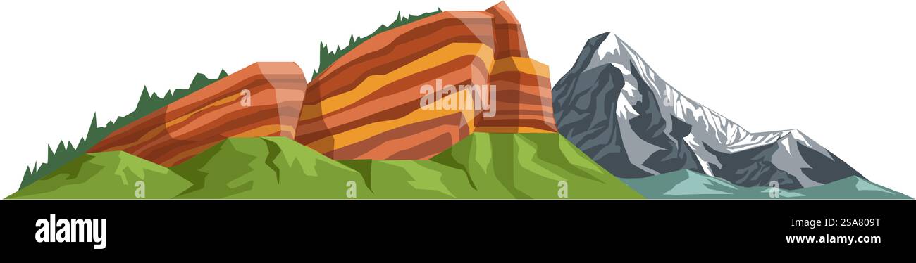 Canyons ou chaîne de montagnes avec des sommets couverts de neige. Sommets enneigés isolés et paysages naturels, forêts et bois avec végétation et herbe sur le sol. Garez-vous ou réservez. Vecteur dans le style plat. Chaîne de montagnes ou canyons, nature sauvage Illustration de Vecteur