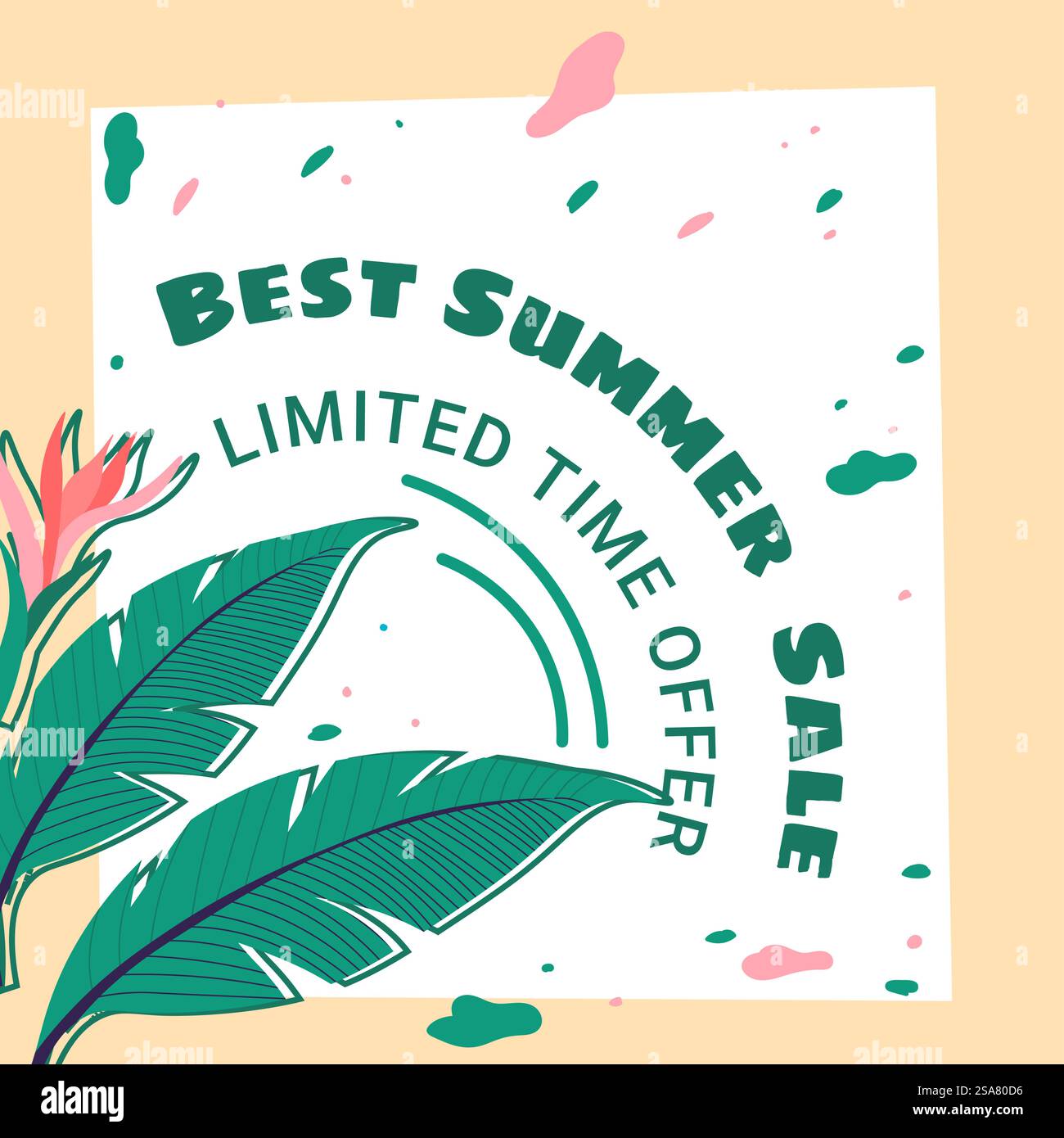 Solde d'été, offre à durée limitée bannière promotionnelle avec feuilles et feuillage, fleurs en fleurs et thème tropical. Magasins et magasins réduction du prix et liquidation pour les clients. Vecteur dans le style plat. Meilleure vente d'été, bannière promotionnelle d'offre à durée limitée Illustration de Vecteur