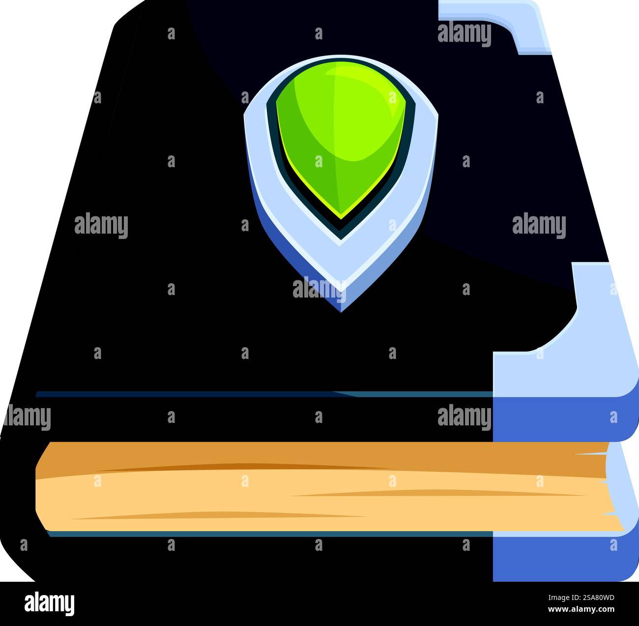 Livre magique avec un bouclier tenant une gemme verte, parfait pour les jeux de fantaisie. Livre magique avec bouclier tenant une gemme verte, icône de jeu fantastique Illustration de Vecteur