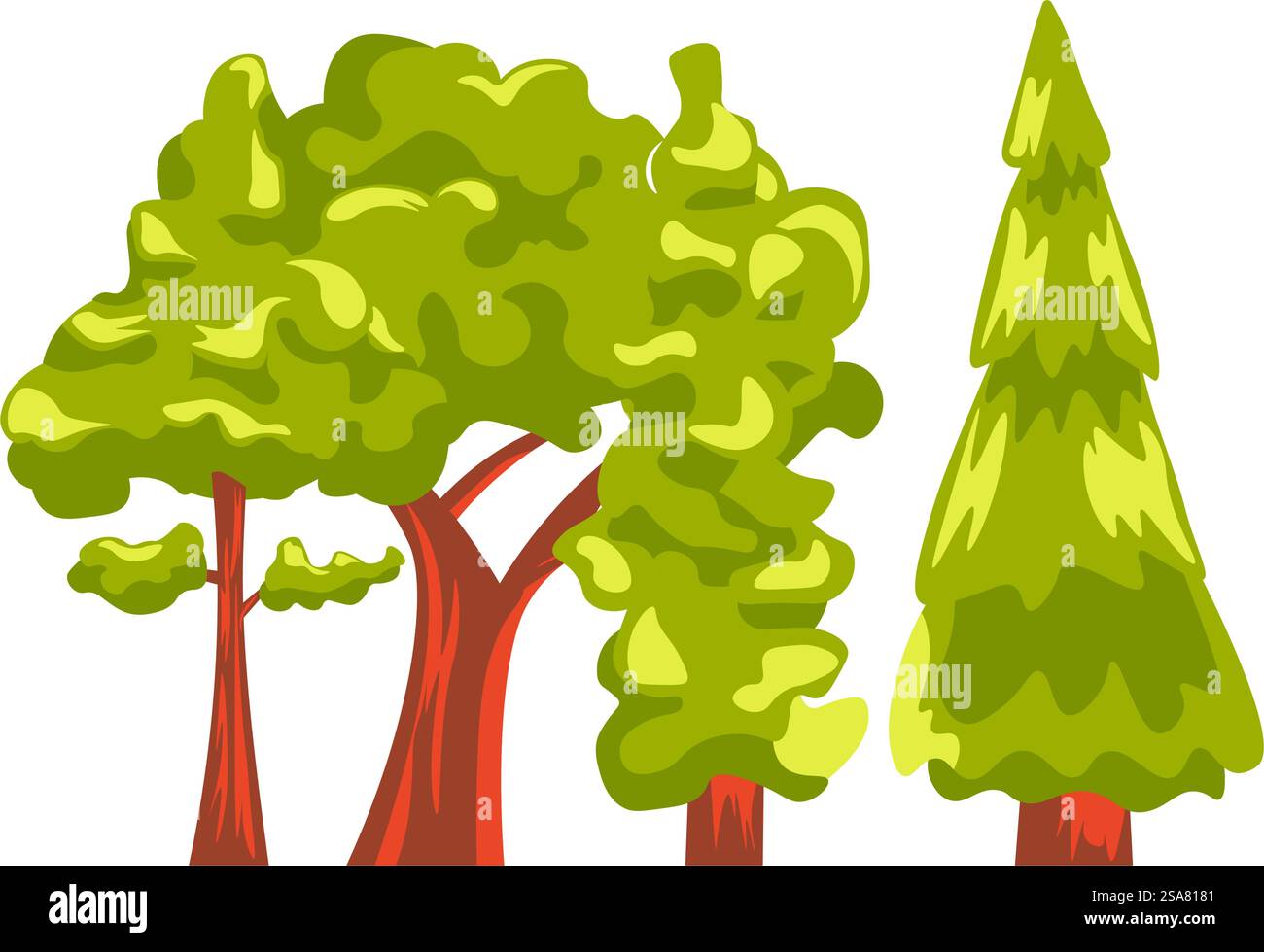 Forêt naturelle ou bois avec arbres et branches, feuillage et feuilles sur brindilles. Plantes isolées et flore de la nature sauvage et de la faune. Aménagement paysager du parc ou du jardin. Vecteur dans l'illustration de style plat. Arbres dans la forêt ou les bois, vecteur de végétation de la nature Illustration de Vecteur
